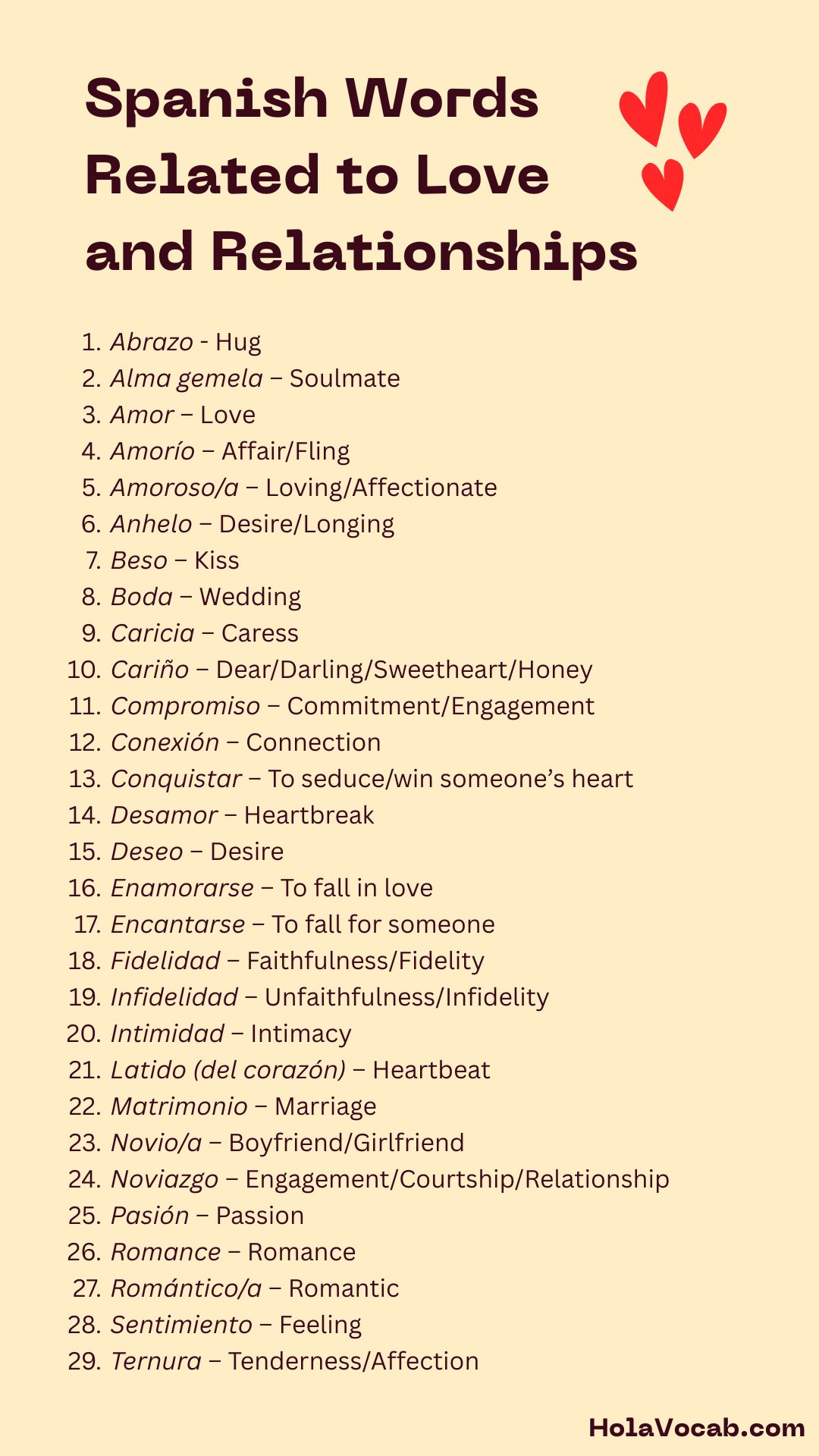 Spanish Words Related to Love and relationships graphic