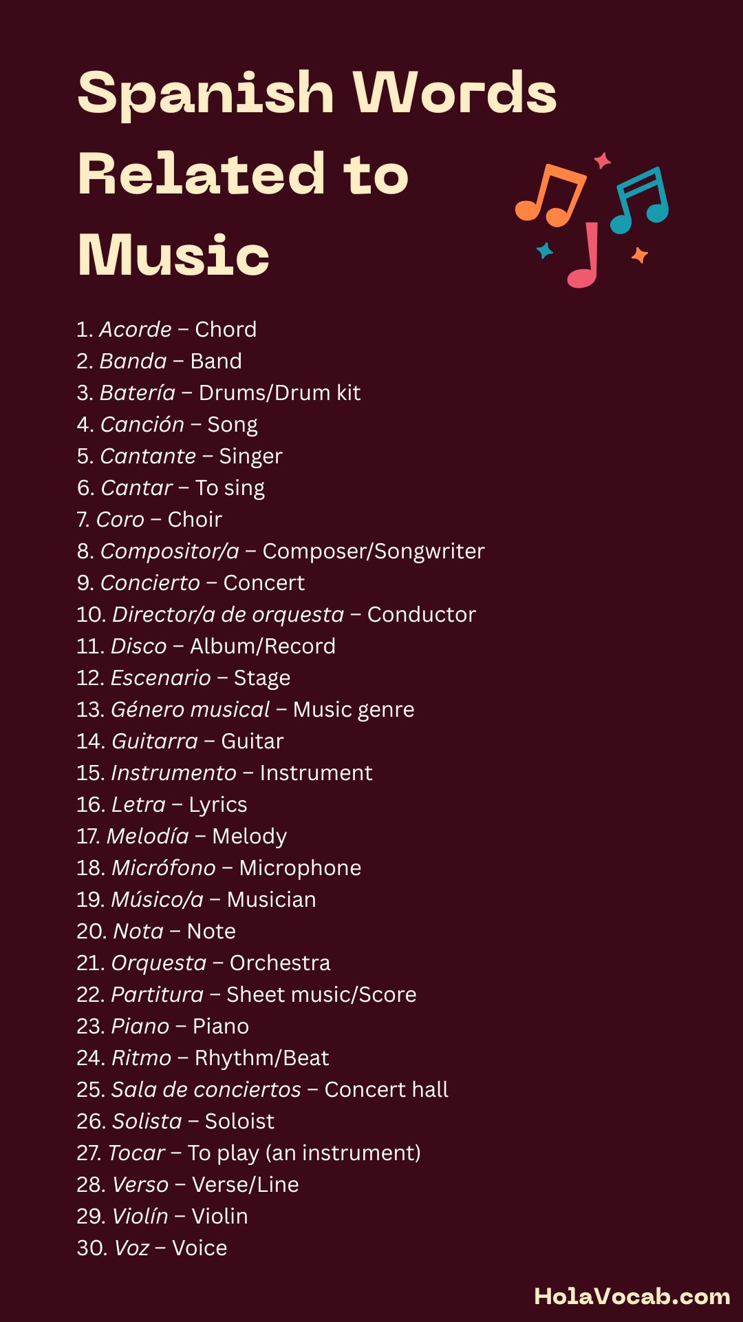 Spanish words related to music graphic