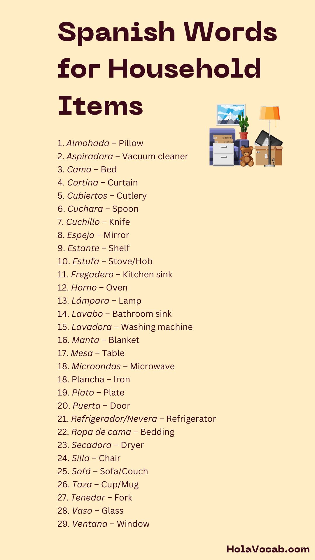 Spanish words for household items graphic
